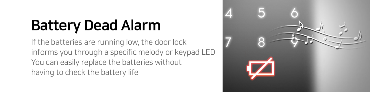  Battery Dead Alarm   
If the batteries are running low, the door lock informs you through a specific melody or keypad LED. You can easily replace the batteries without having to check the battery life. 